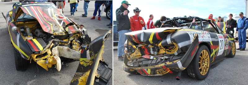 The Miata went about four feet under the Nash, pushing its drivetrain four inches back. Grassroots Motorsports described the wreckage as “some of the worst we’ve seen at any event.” Photo credits: Eric Rood